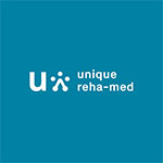 Unique Reha-med Logo auf türkisfarbenem Hintergrund